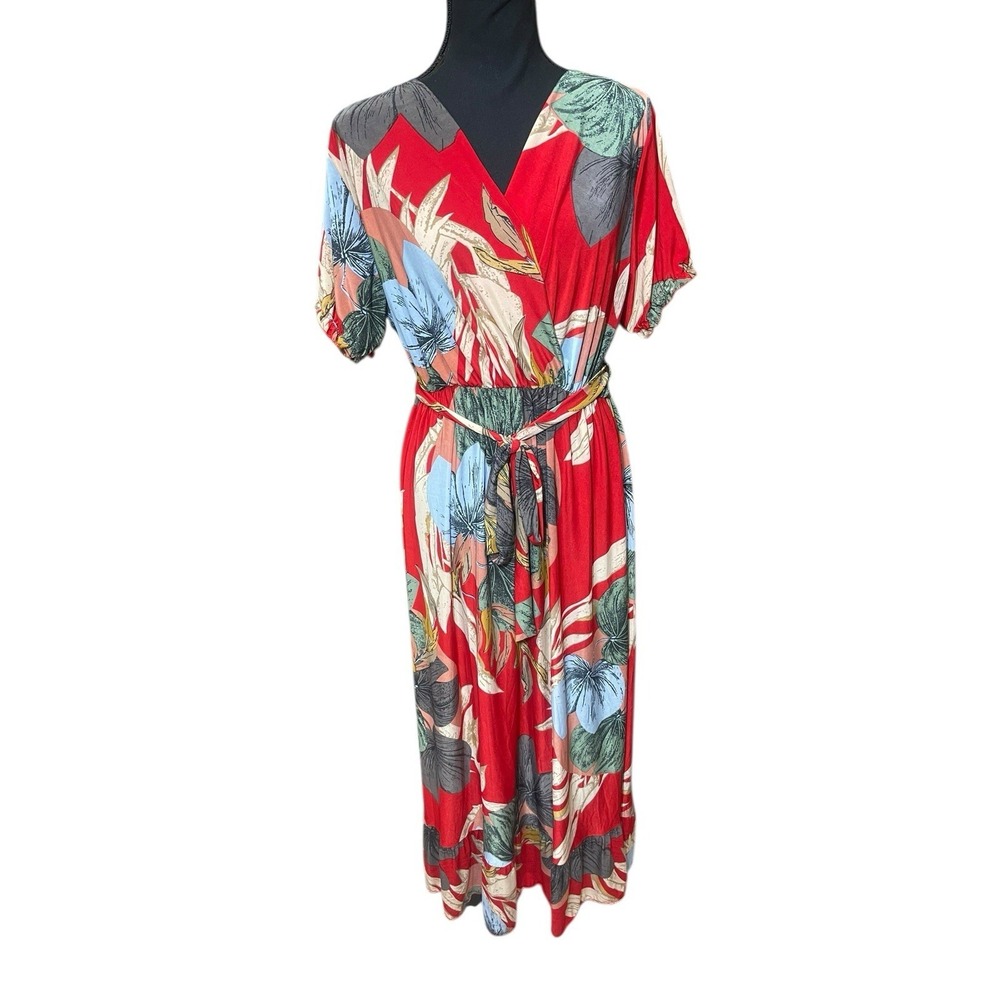 Seven Islands red Floral jersey tropical Vacation maxi Sun dress Medium